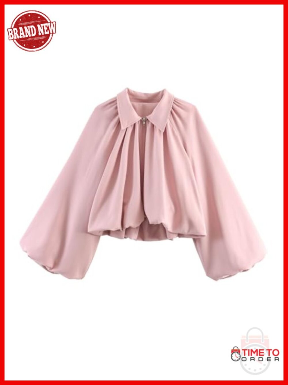 Puff Sleeve Bomber Jacket Casual Lapel Collar Full Zip Crop Pleated